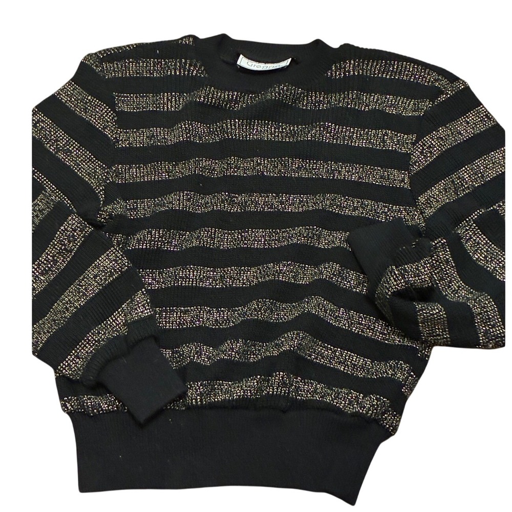 Vintage Gregge Petite Black Gold Metallic Striped Knit Sweater Crew Neck Retro